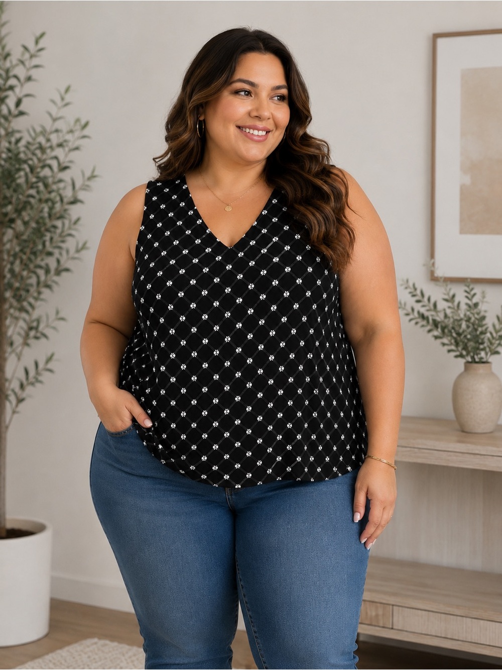 Plus Size 3X Black White Geometric Bow Back Sleeveless Blouse